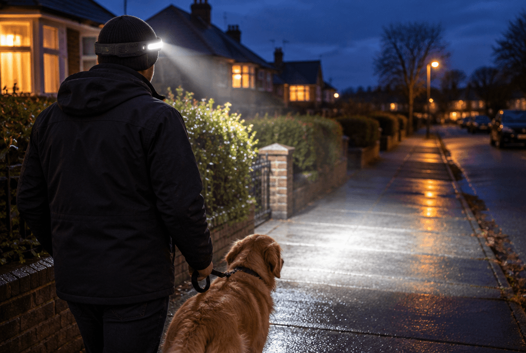 Dog walker on a dusk UK street wearing Wayglow, a wide pool of light on the wet pavement ahead