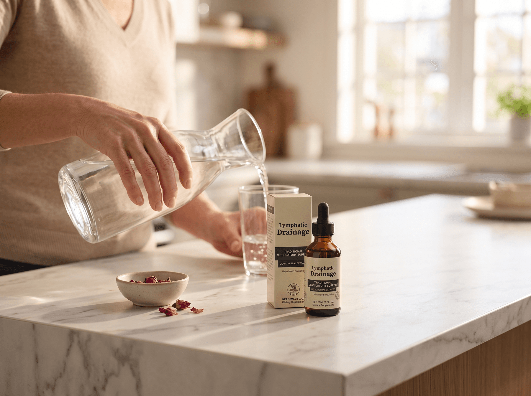 Hand holding the MorningFlow dropper bottle above a glass of water in a sunlit kitchen
