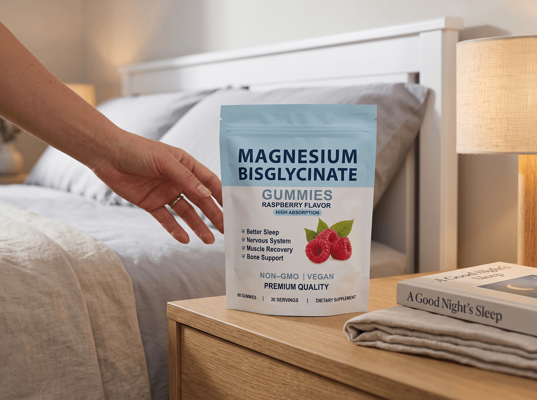 A hand reaching for the MoonLeaf gummies pouch on a bedside table in a softly lit UK bedroom in the evening