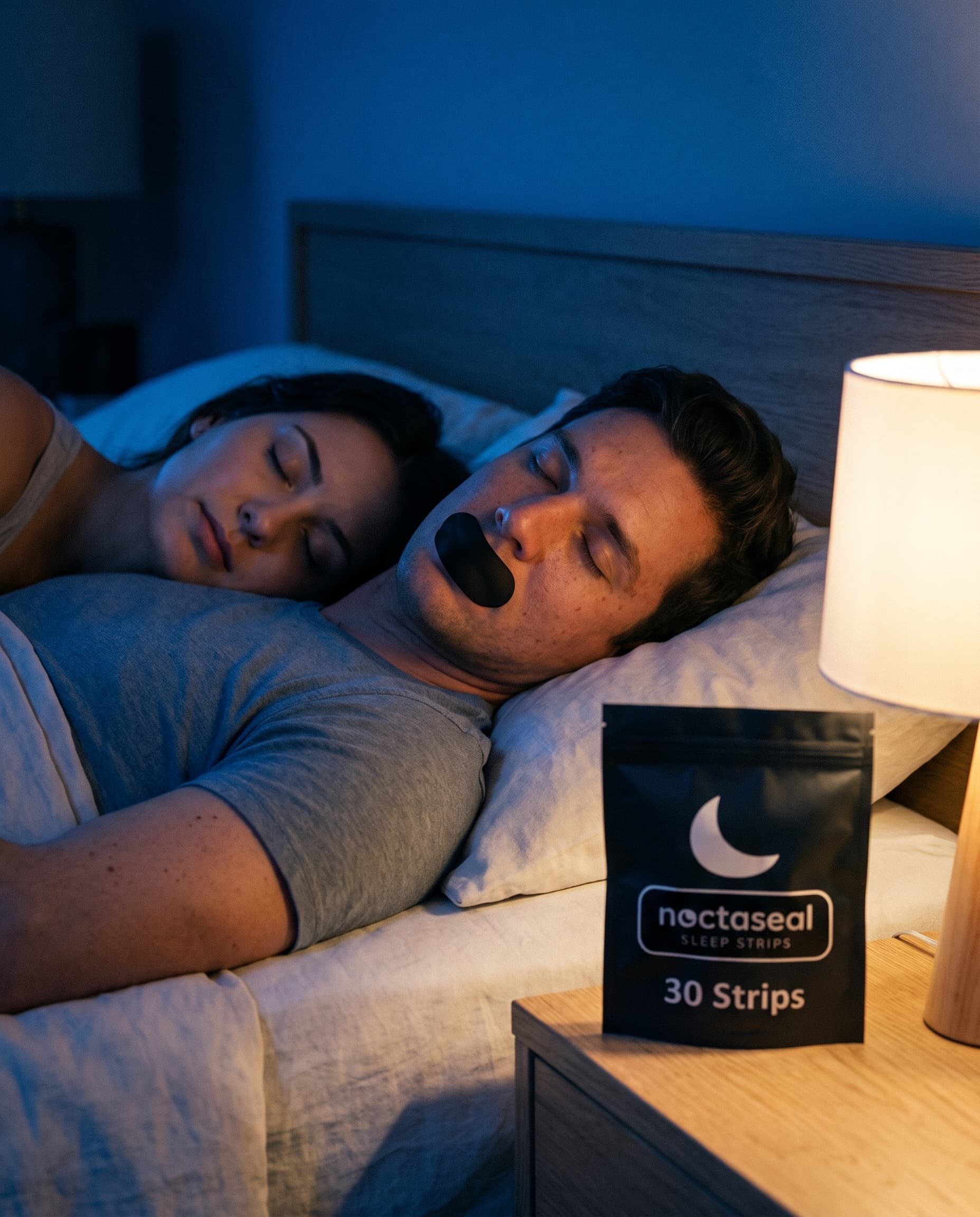 A couple sound asleep — he wears a NoctaSeal strip across his lips, she rests against his shoulder, finally undisturbed