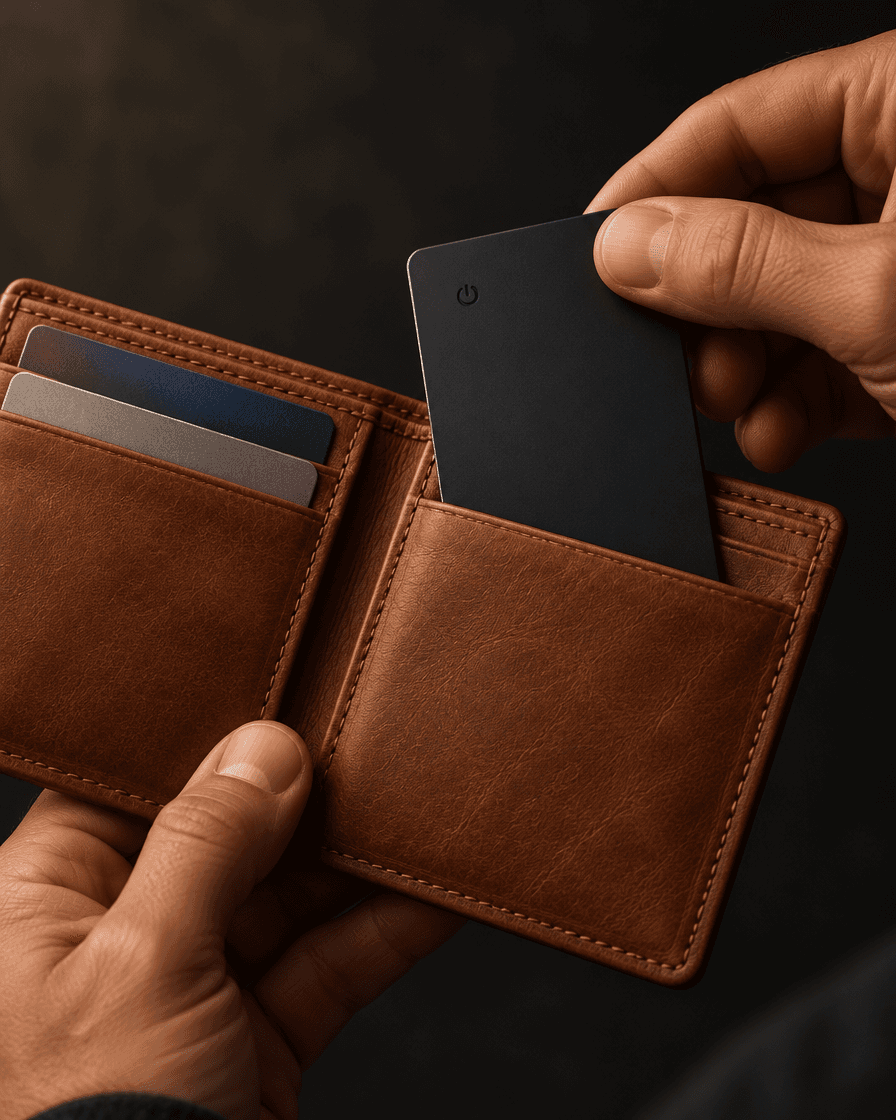 Hands slipping the black Flatfind Card into a brown leather wallet